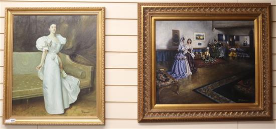 P. Louis, oil on canvas, lady in a drawing room, 60 x 50cm and an interior, 50 x 60cm